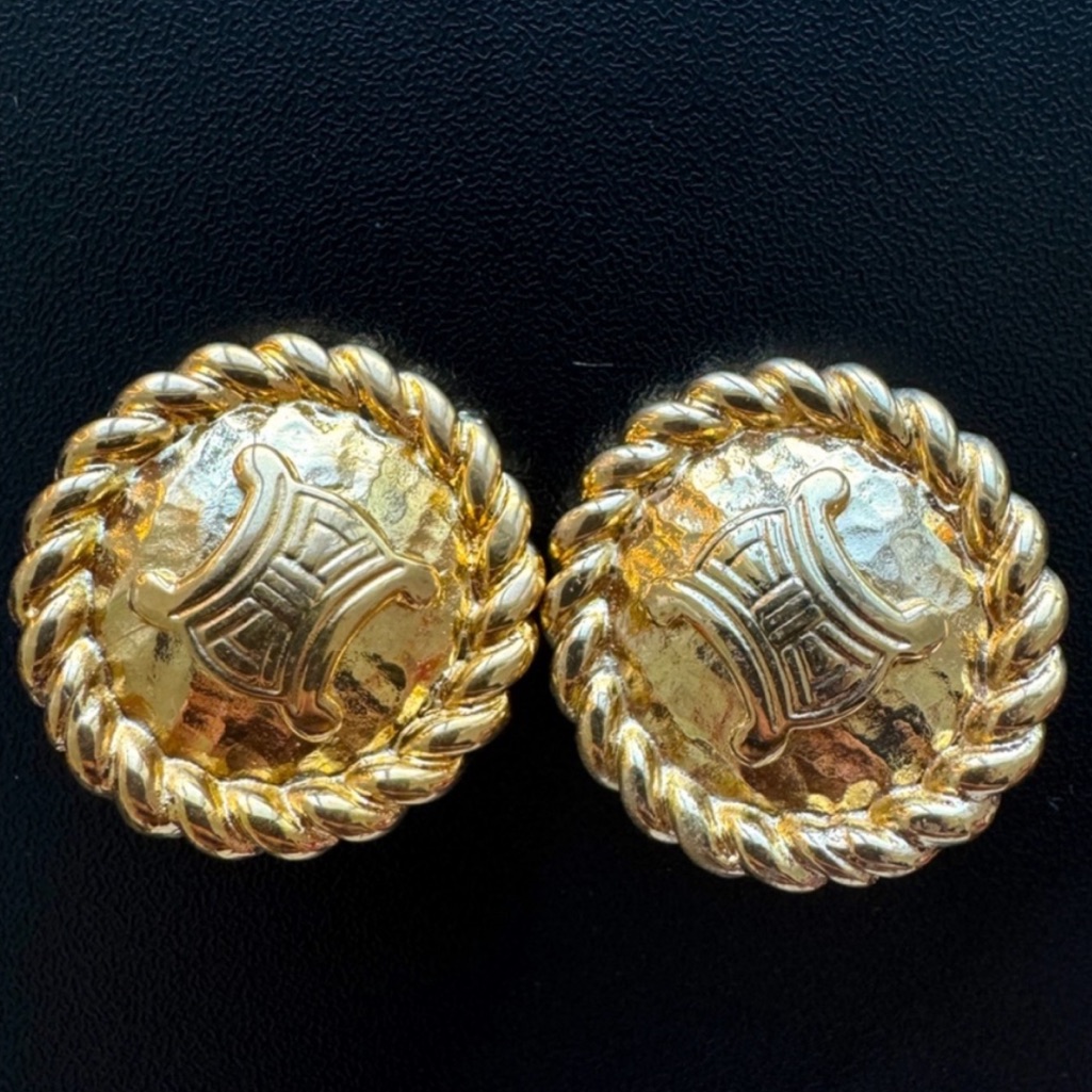 Authentic 24k Gold Plated Celine Triomphe Macadam Clip On Earrings 450$